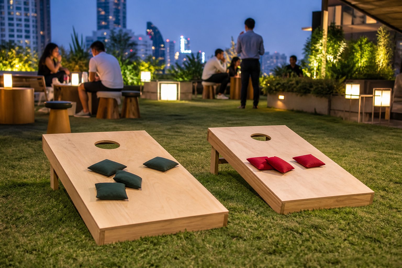Cornhole boards at a craft beer rooftop venue