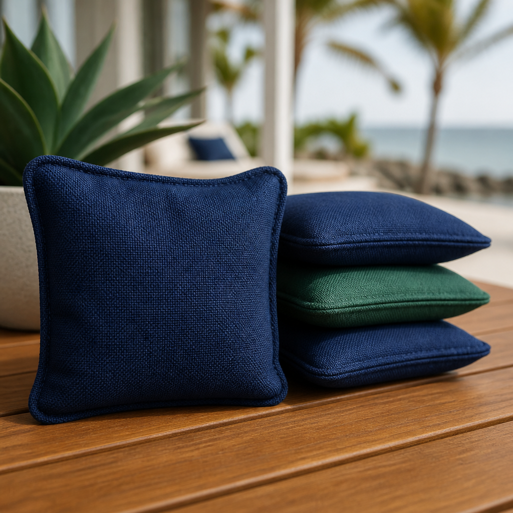 Close-up of heavy canvas cornhole bags with rich fabric weave